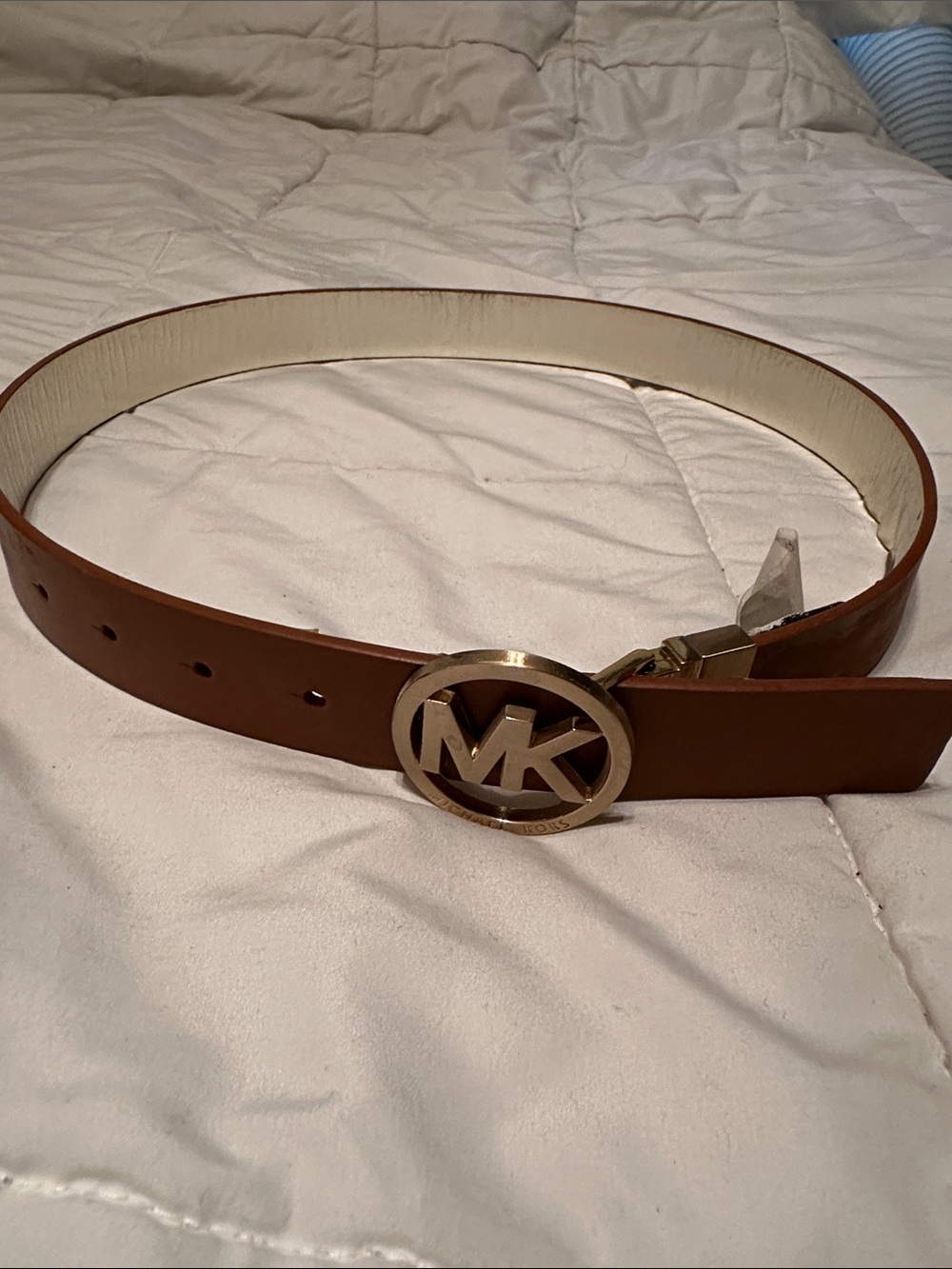 Michael Kors Tan Leather Belt with Gold MK Logo Buckle